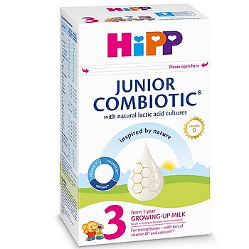 Škatla mleka Hipp Junior Combiotic za odraščajoče otroke, stopnja 3, s poudarkom na naravnih mlečnokislinskih kulturah, vitaminu D in kalciju, namenjenega otrokom od 1. leta starosti.