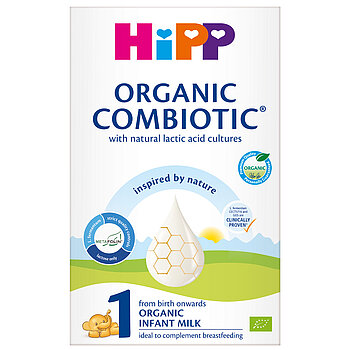 Škatla začetne formule za dojenčke Hipp Organic Combiotic s stilizirano upodobitvijo kapljice mleka, vzorcem satovja in grafiko majhnega medveda.
