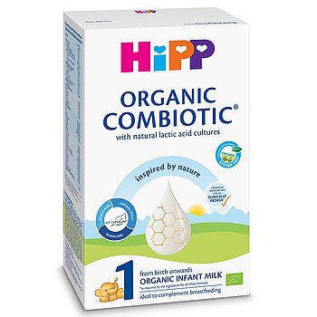 Škatla začetne formule za dojenčke Hipp Organic Combiotic s stilizirano upodobitvijo kapljice mleka, vzorcem satovja in grafiko majhnega medveda.