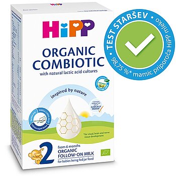 Škatla hrane za dojenčke Hipp Organic Combiotic, zlasti nadaljevalnega mleka za dojenčke, ki se hranijo s hrano iz kozarca, s stilizirano grafiko kapljice z vzorcem satovja in zeleno kljukico, ki označuje rezultat testa.