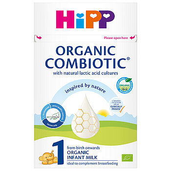 Škatla začetne formule za dojenčke Hipp Organic Combiotic, 1. stopnja, z grafiko kapljice z vzorcem satovja in majhno ilustracijo dojenčka.
