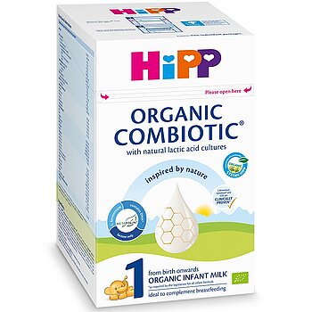 Škatla začetne formule za dojenčke Hipp Organic Combiotic, 1. stopnja, z grafiko kapljice z vzorcem satovja in majhno ilustracijo dojenčka.