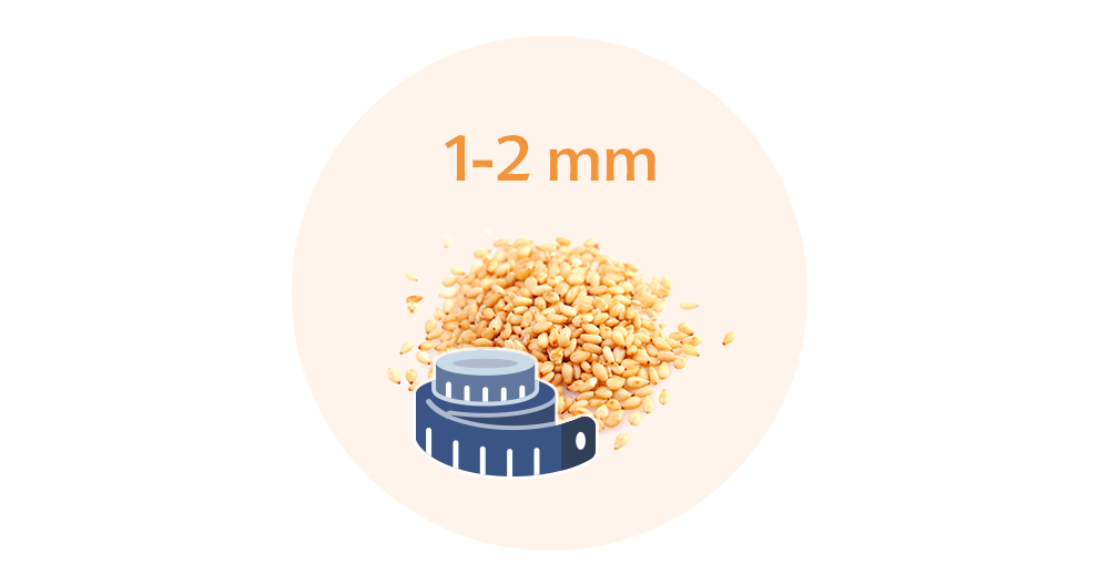 A pile of beige grains with a measuring tape icon and text indicating a size range of 1-2 mm.