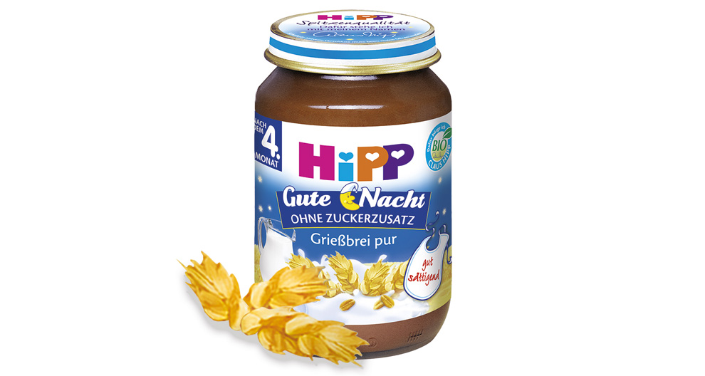 A jar of Hipp baby food with a wheat grain illustration.