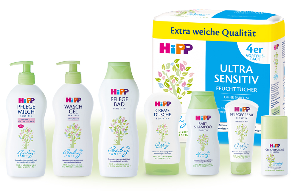 A variety of baby care products from the brand 'HiPP', emphasizing sensitivity and natural ingredients.