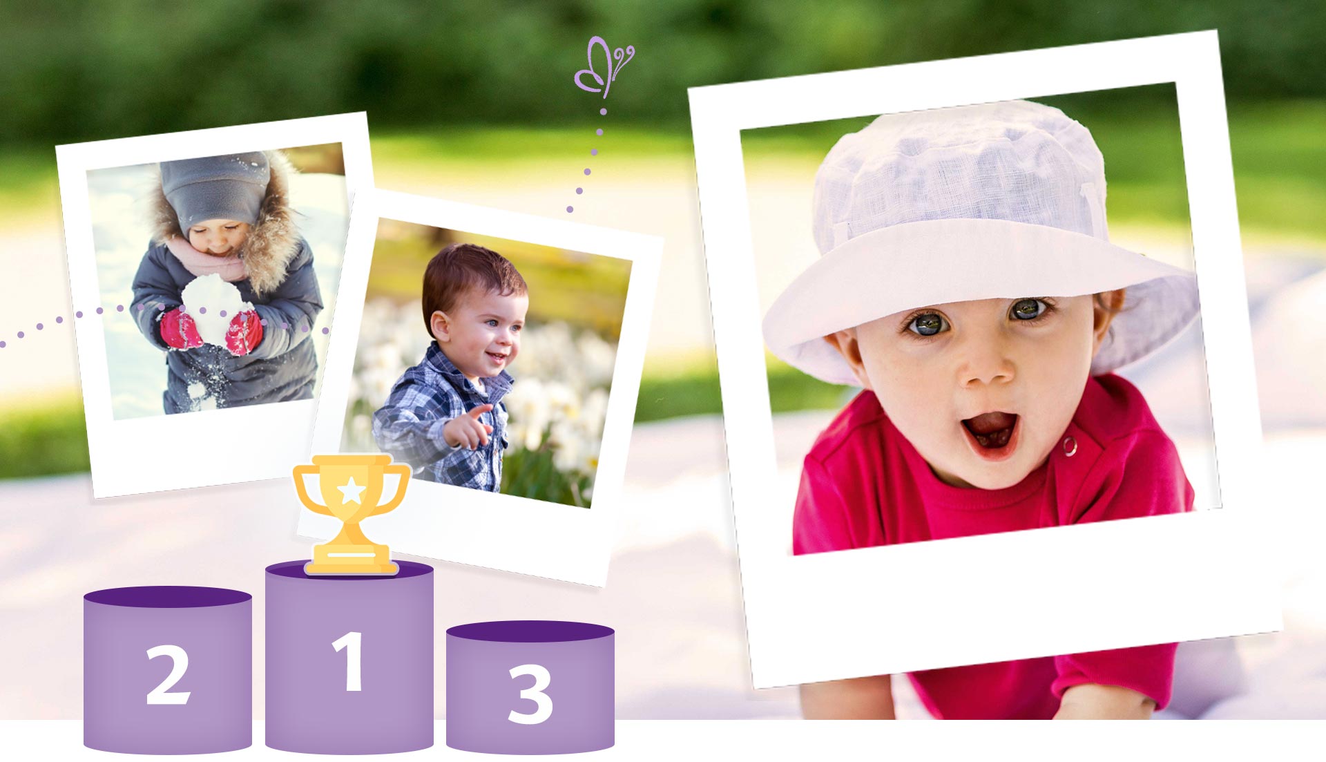 Three photographs of children are displayed on a blurred background with a graphic of a trophy and numbered podiums.