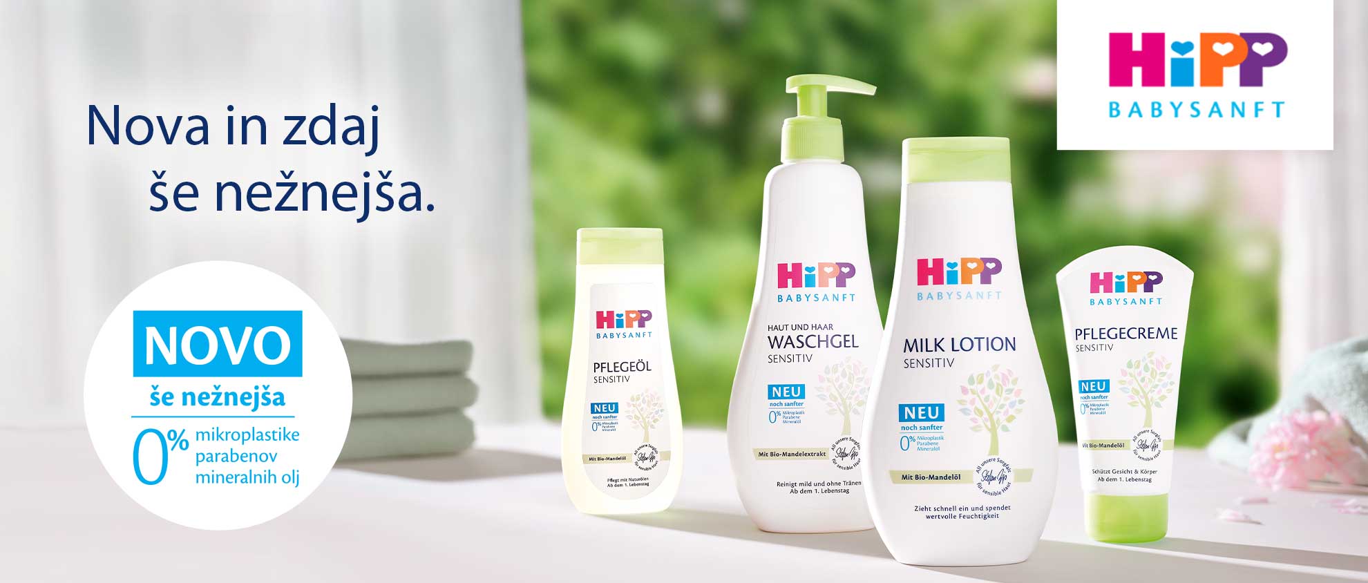 Promocijski oglas za vrsto izdelkov za nego otrok blagovne znamke "HiPP Babysanft", ki poudarja njihovo občutljivost in odsotnost nekaterih sestavin.