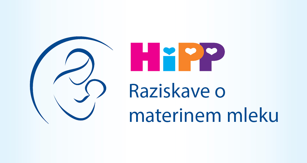 Stilizirana upodobitev objema matere in otroka, ki jo spremljata besedili "HIpp" in "Raziskave o materinem mleku".