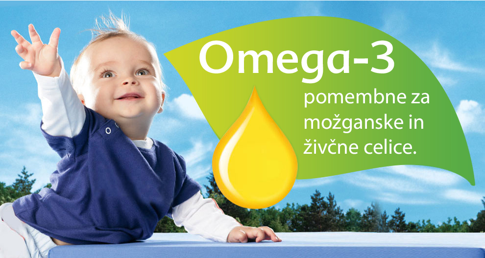 Dojenček, ki se steguje z grafiko omega-3 in kapljico v ozadju.