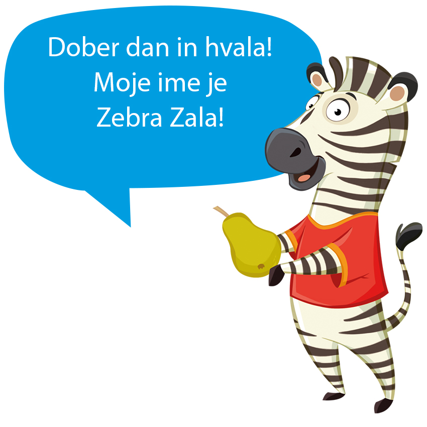 Zebra drži hruško z govornim mehurčkom z besedilom.