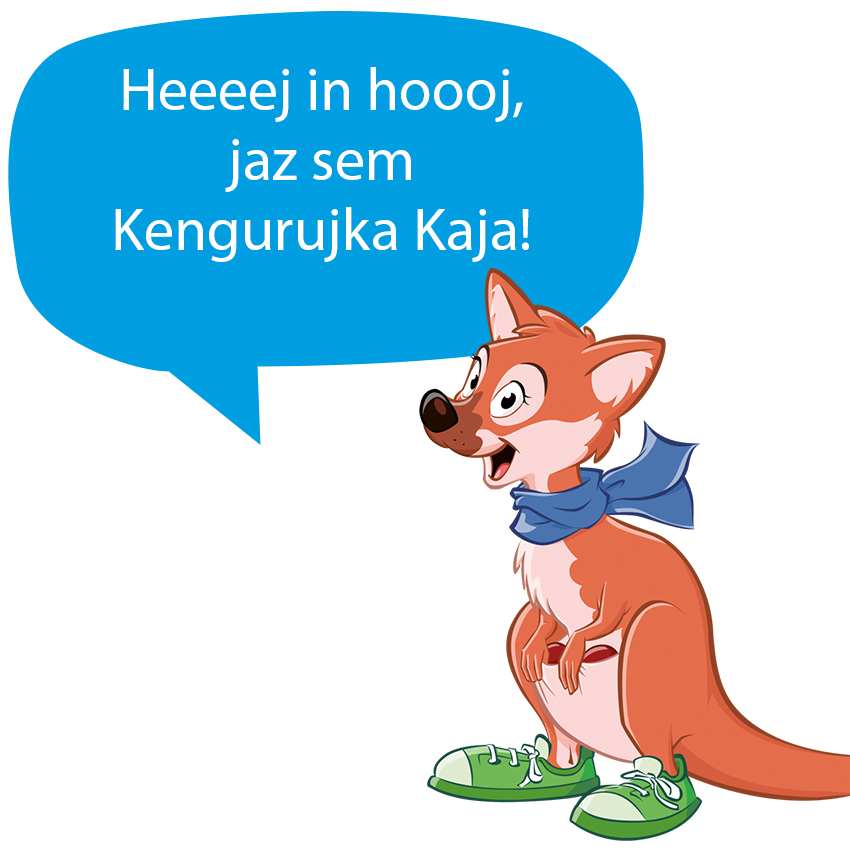 Kenguru z modrim šalom in zelenimi čevlji stoji ob modrem govornem mehurčku z belim besedilom.