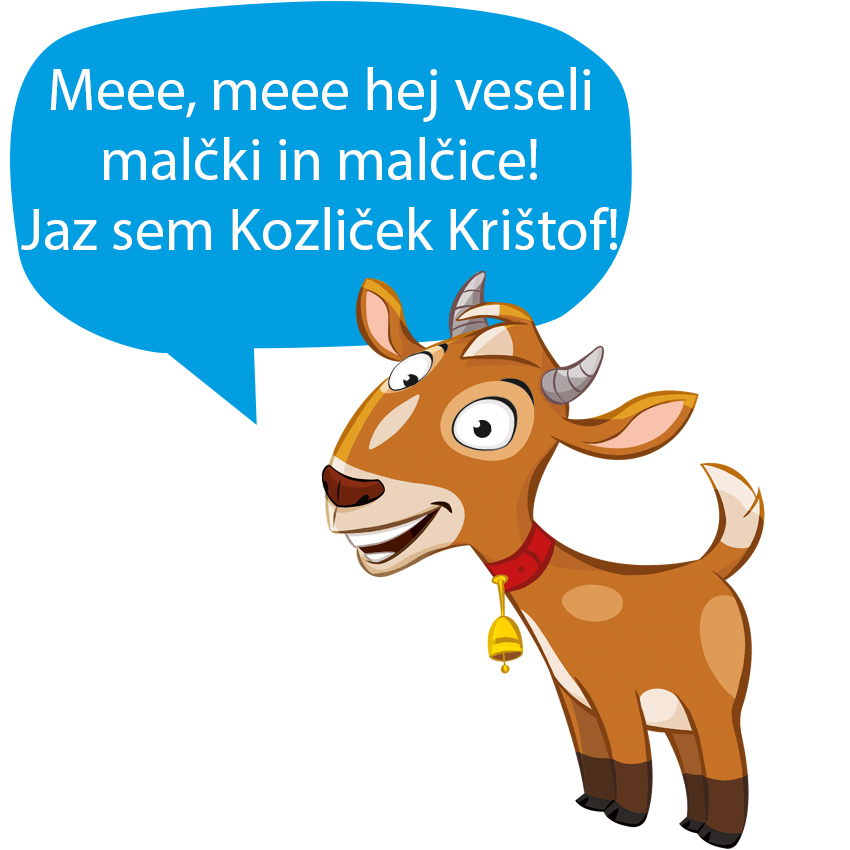 Risani kozel z ovratnikom z zvoncem izgovarja stavek v izmišljenem jeziku.