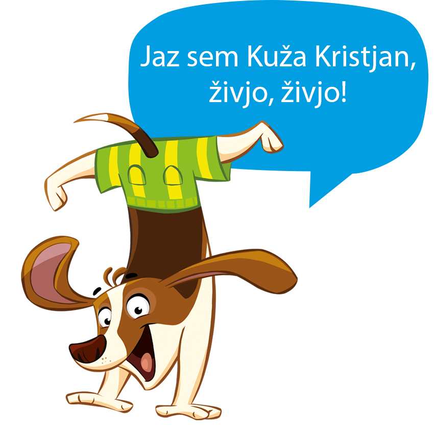 Pes v zeleni majici stoji na zadnjih nogah, v mehurčku z besedilom pa je govorni mehurček.