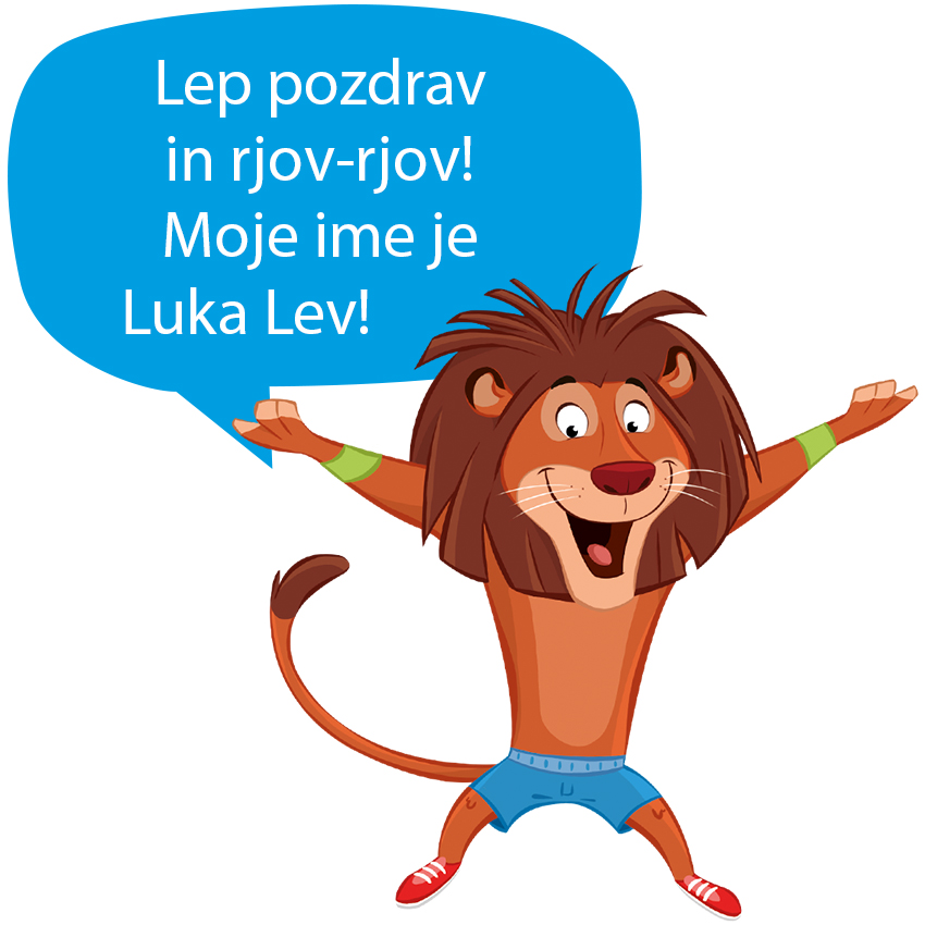 Lik leva z govornim mehurčkom: "Lep pozdrav in rjov-rjov! Moje ime je Luka Lev!"