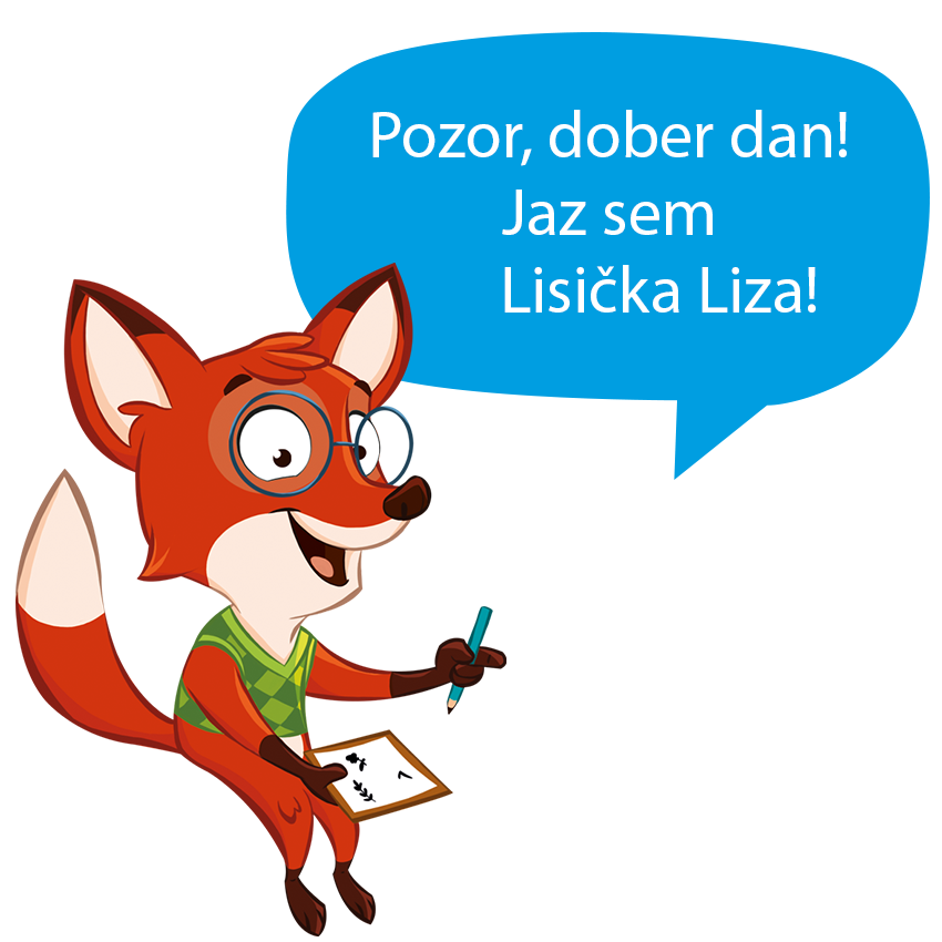 Lisica z beležko in pisalom ter govornim mehurčkom z besedilom.