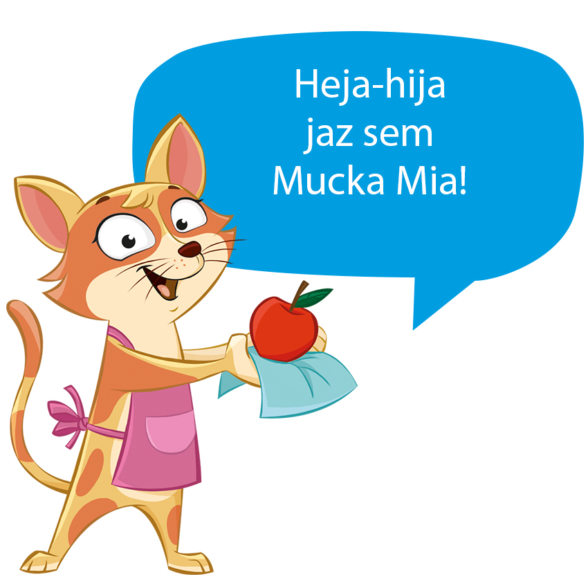 Mačka, ki drži jabolko, z govornim mehurčkom z besedilom.