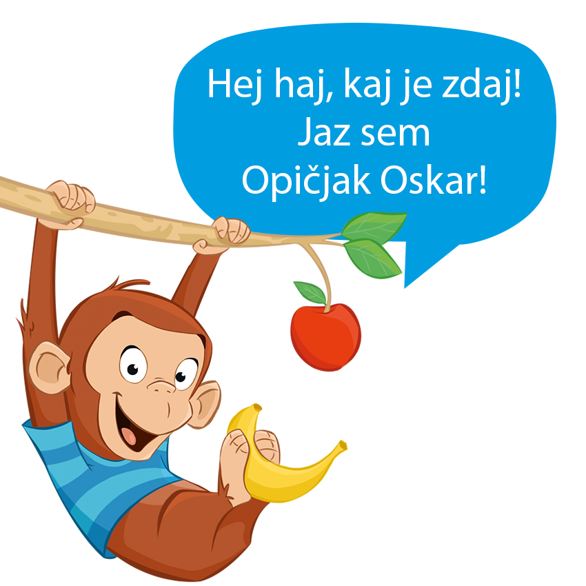 Risana opica v modri majici visi na veji, v eni roki drži banano, v drugi pa jabolko.
