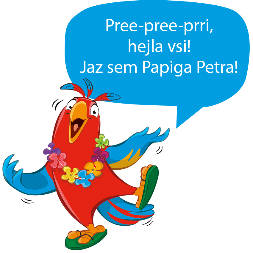 Pisana papiga s cvetličnim vencem in sandali ter govornim mehurčkom z besedilom.