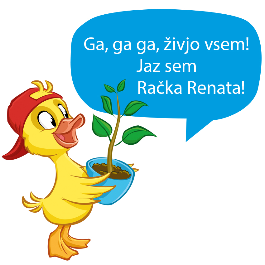 Rumena račka v rdeči kapici drži lončnico z modrim govornim mehurčkom z besedilom.