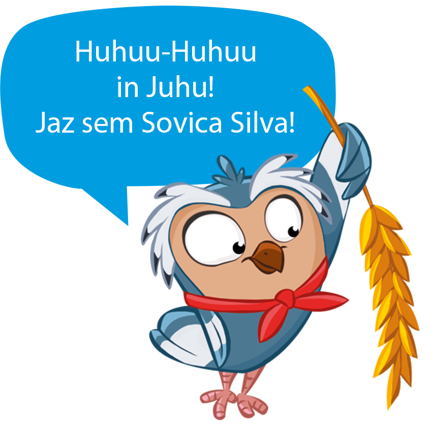 Risana sova, ki drži snop pšenice z govornim mehurčkom z besedilom.