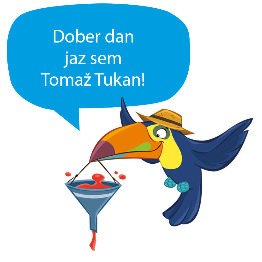 Tukan v klobuku drži lijak z rdečo tekočino.