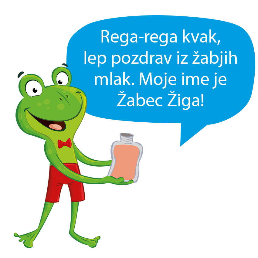 Žaba drži steklenico s sporočilom v govornem mehurčku.