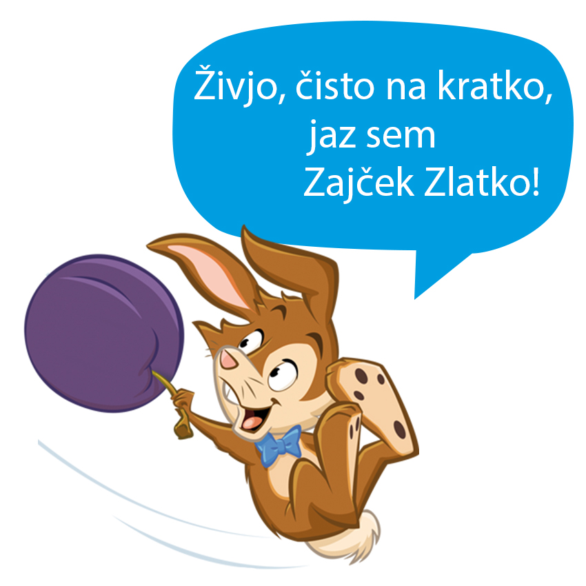 Rjavi zajec z vijoličnim balonom v roki.