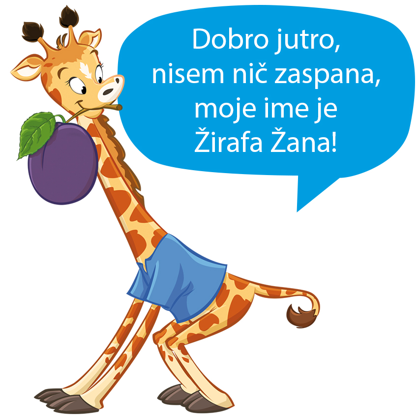 Žirafa drži slivo z govornim mehurčkom z besedilom.