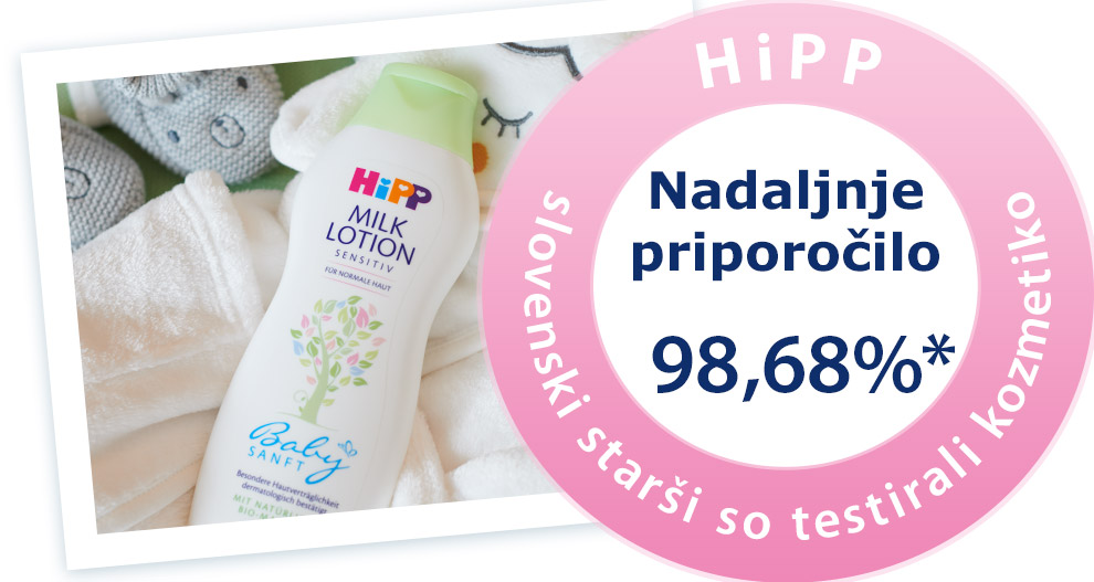 Rožnata okrogla značka z besedilom "HiPP" na vrhu, ki mu sledi "Nadaljnje priporcilo 98,68 %" in "Slovenski starsi so testirali kozmetiko" na dnu.