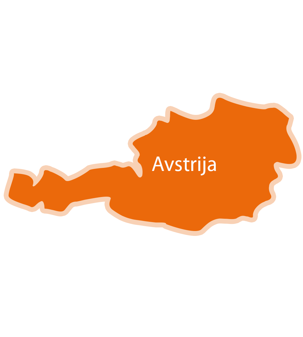 Poenostavljen zemljevid Avstrije z napisom Avstrija.