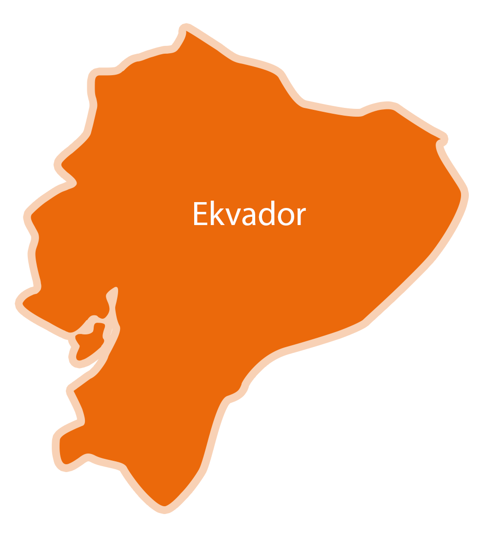 Enostavna oranžna oblika, ki predstavlja geografski obris Ekvadorja, z belim napisom "Ekvador" v sredini oblike.