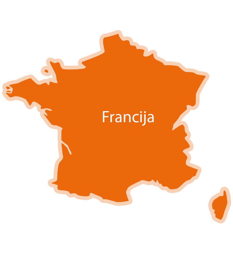 Zemljevid Francije z napisom "Francija" v sredini.