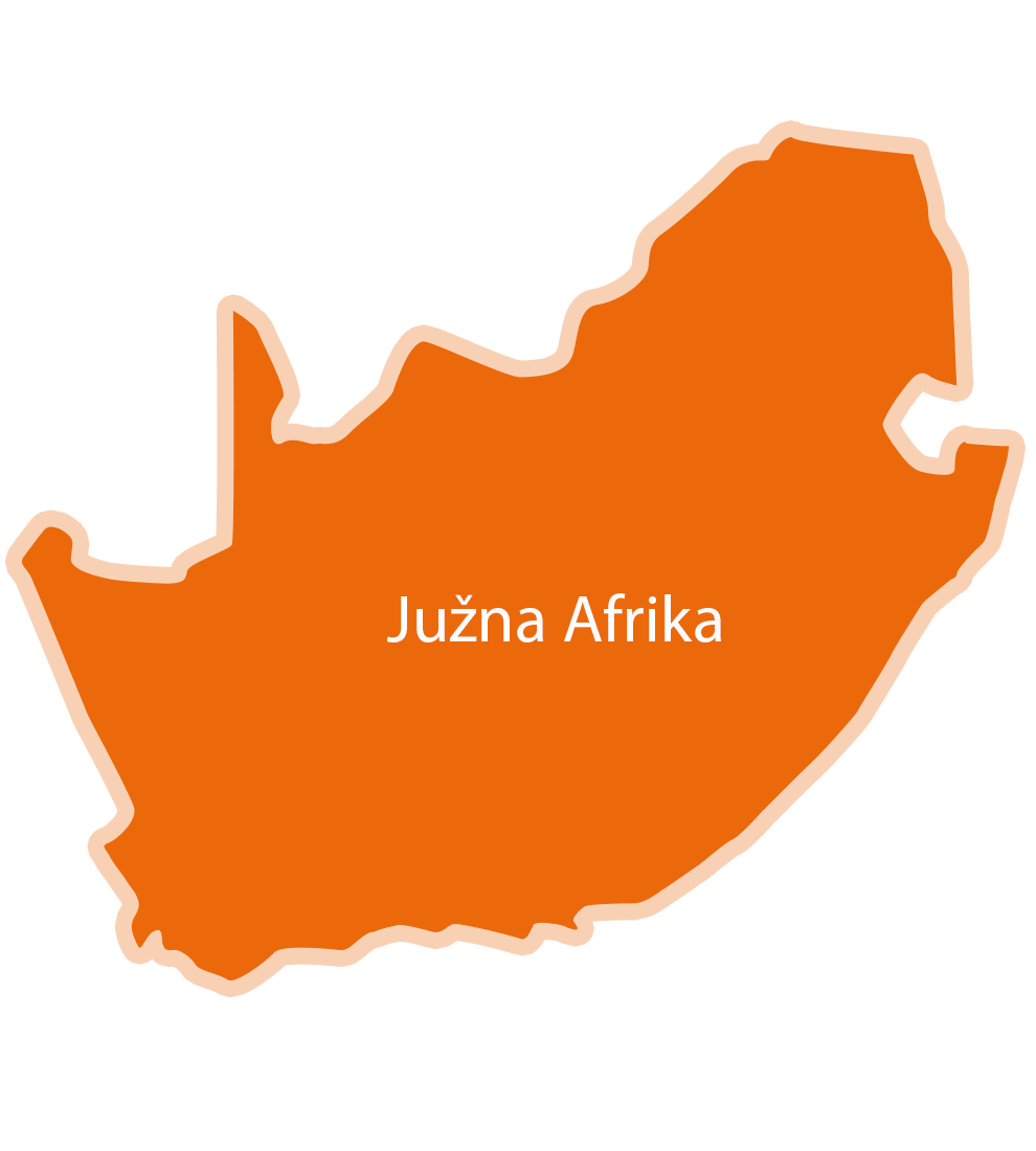 Zemljevid Južne Afrike z napisom "Juzna Afrika".
