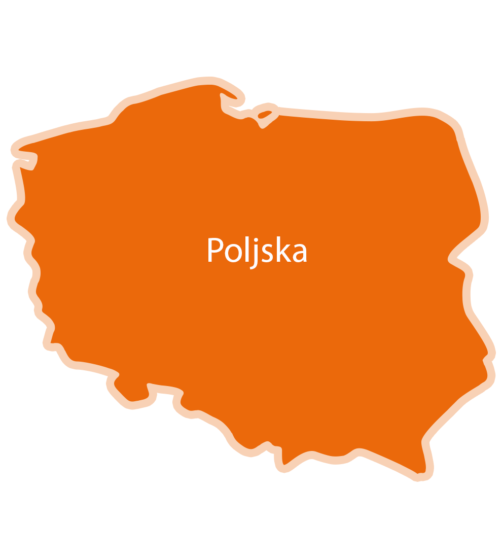 Poenostavljen zemljevid Poljske z napisom "Poljska" na sredini.