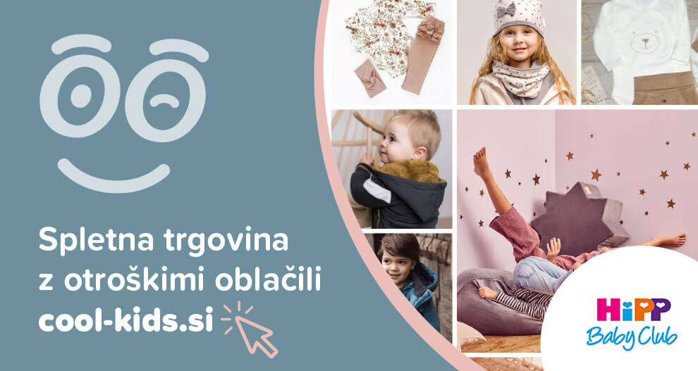 Promocijska pasica za spletno stran z otroškimi oblačili z velikim risanim obrazom, deklico v klobuku, dojenčkom v jakni in otrokom v modri jakni z besedilom "Spletna trgovina z otroškimi oblačili cool-kids.si" in logotipom "HiPP Baby Club".