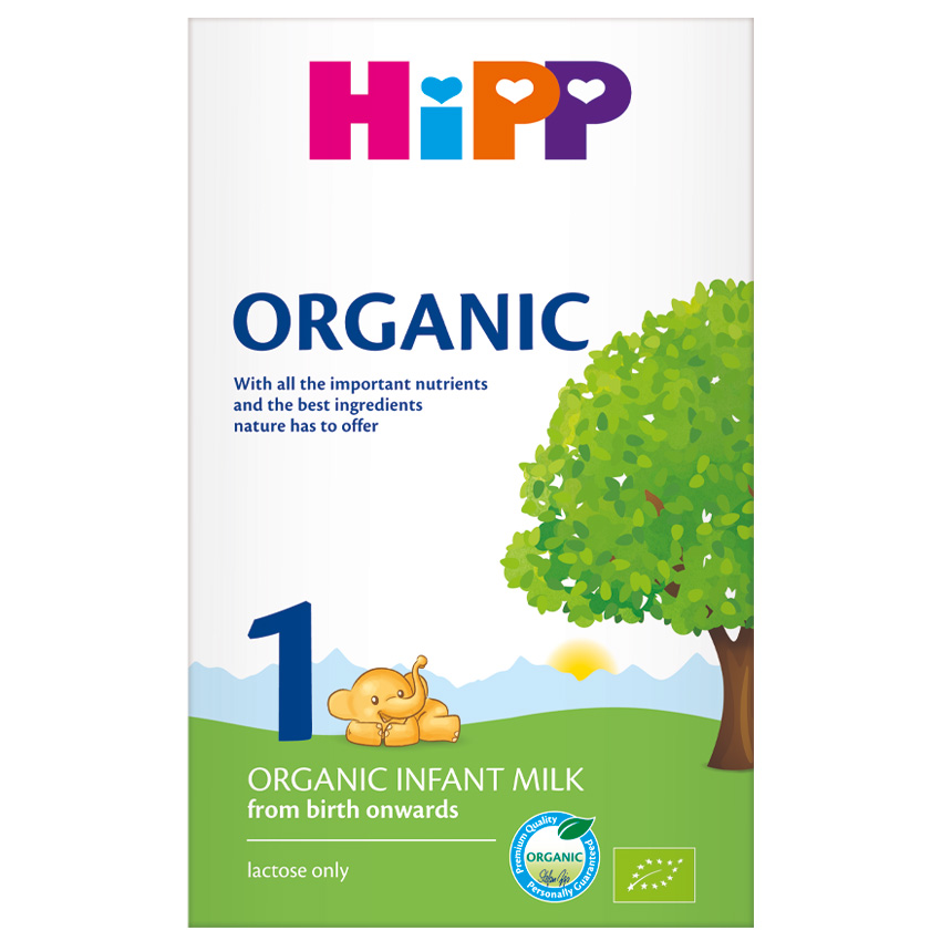 Škatla mleka za dojenčke Hipp Organic, 1. stopnja, s poudarkom na njegovi ekološki kakovosti, bistvenih hranilih in dejstvu, da vsebuje le laktozo.