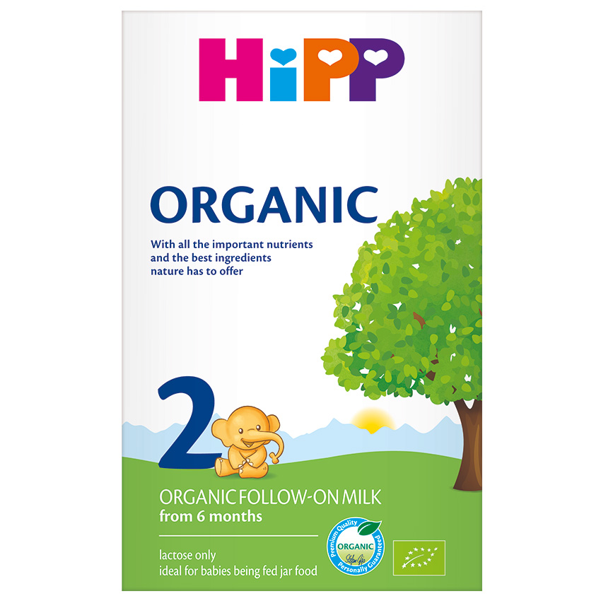 Škatla Hippovega ekološkega nadaljevalnega mleka, 2. stopnja, s poudarkom na ekološki kakovosti, vsebnosti omega-3 in odsotnosti laktoze.